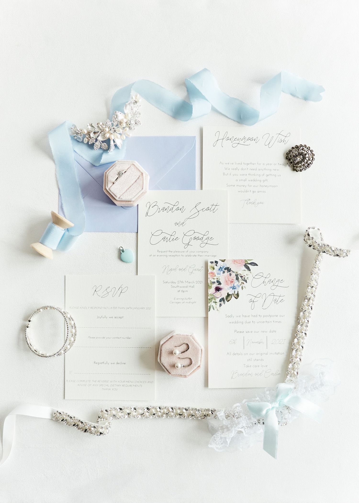 Southwood Hall bridal flaylay with wedding stationary, jewellery. by Norwich's best wedding photographer Faye Amare