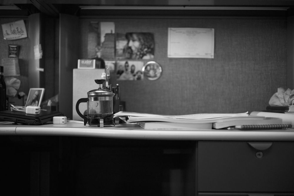 Interior view of an office desk and workspace.
