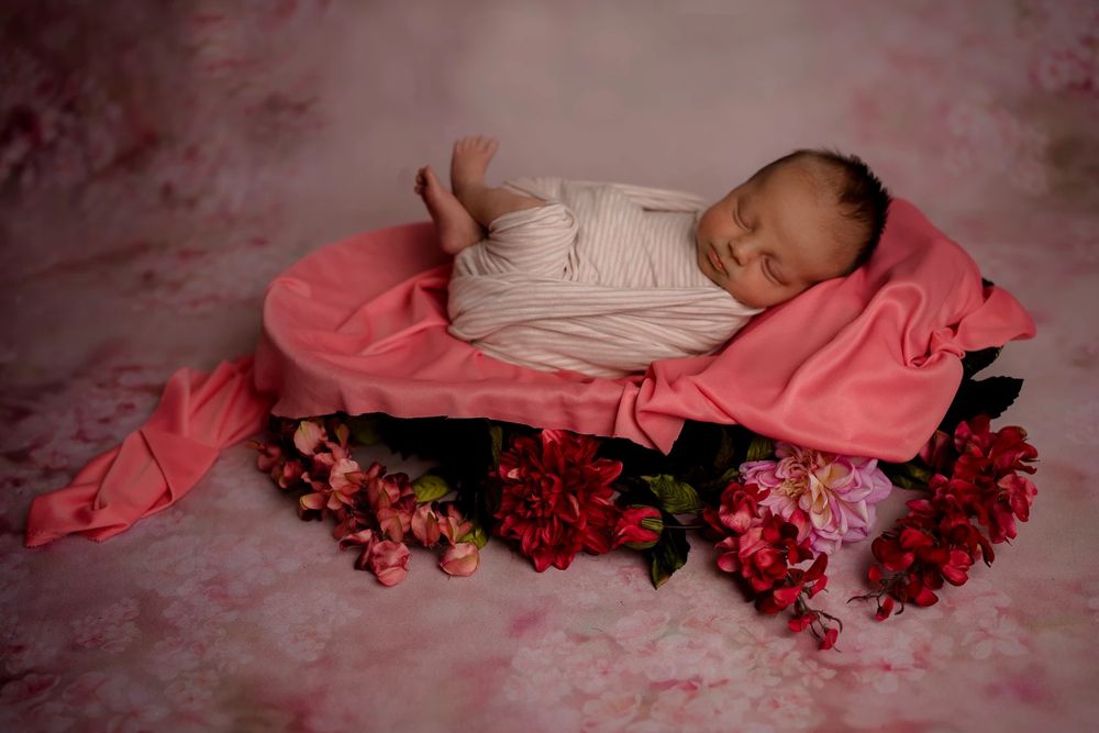 Pink and red floral newborn photography scene with soft lighting and textured backdrop.
