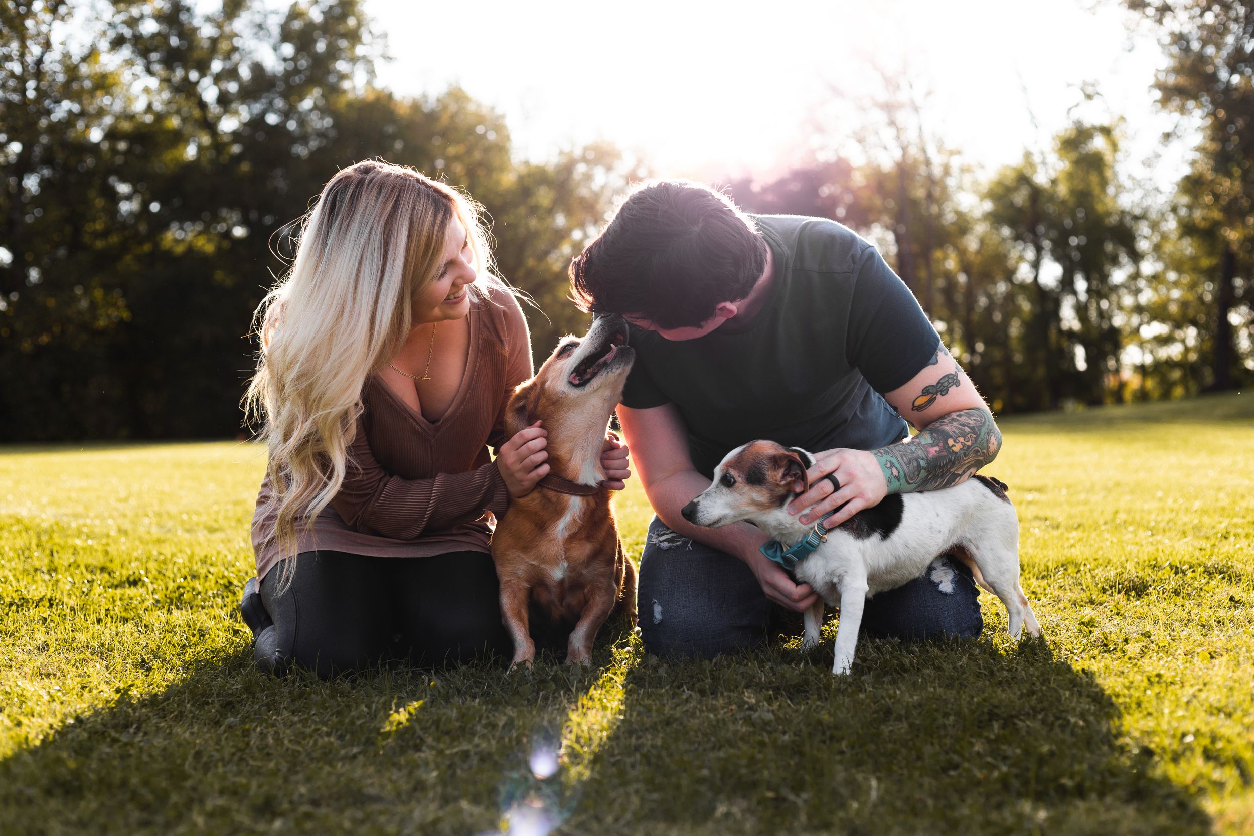 family with their pets at sunset in a park