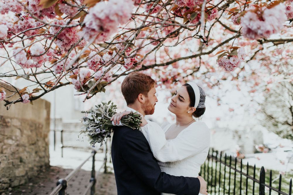 elopement  photos in bath, somerset , bride and groom portraits blossoms