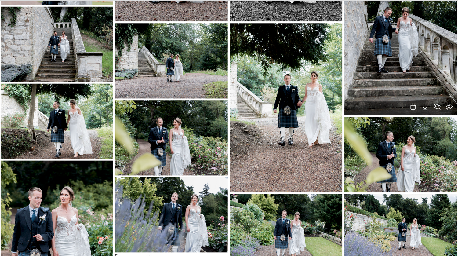 Collage of wedding photos showing couple walking through gardens and on stone steps.