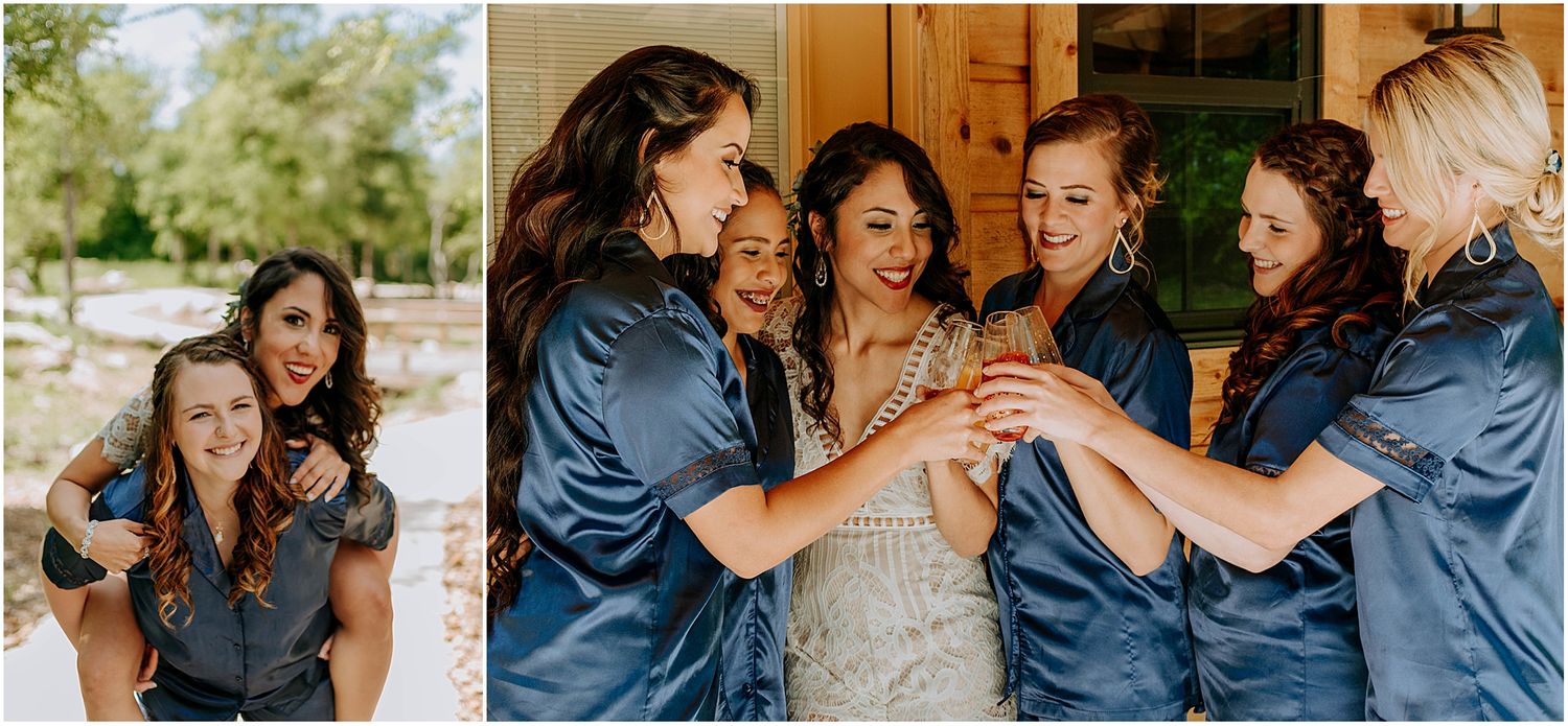 Bridal party sharing celebratory moments together indoors during wedding preparations.