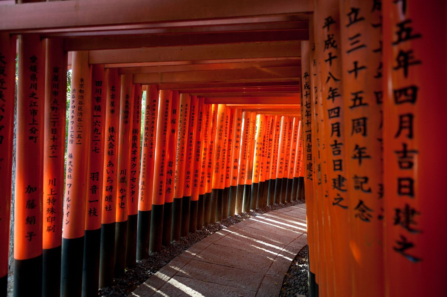 Red Torii gates form a tunnel pathway at Fushimi Inari Shrine in Kyoto.