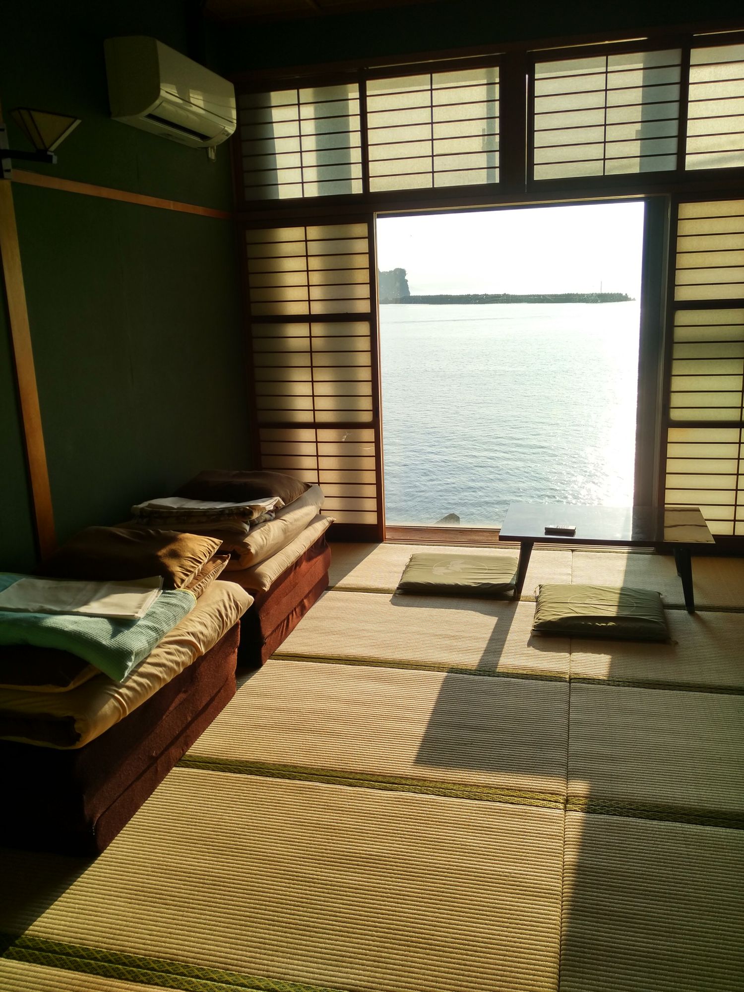 The view of the breakwater from our bedroom windows as sun poors in onto the tatami matting