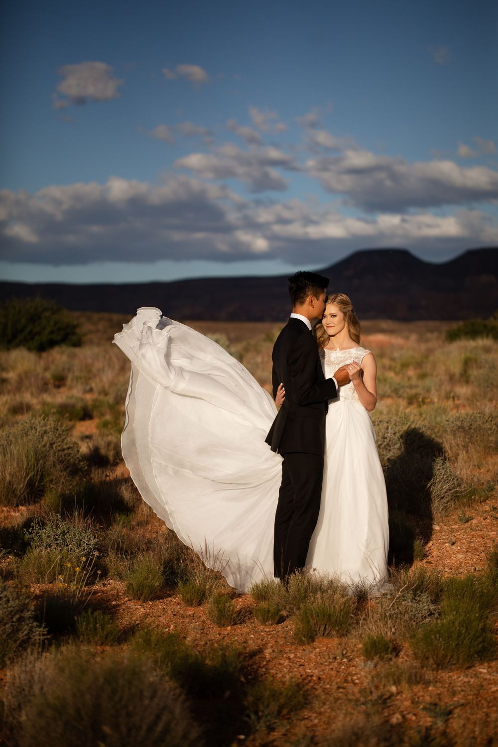 Groom kisses bride as her flowing white gown catches the wind against a stunning desert backdrop.