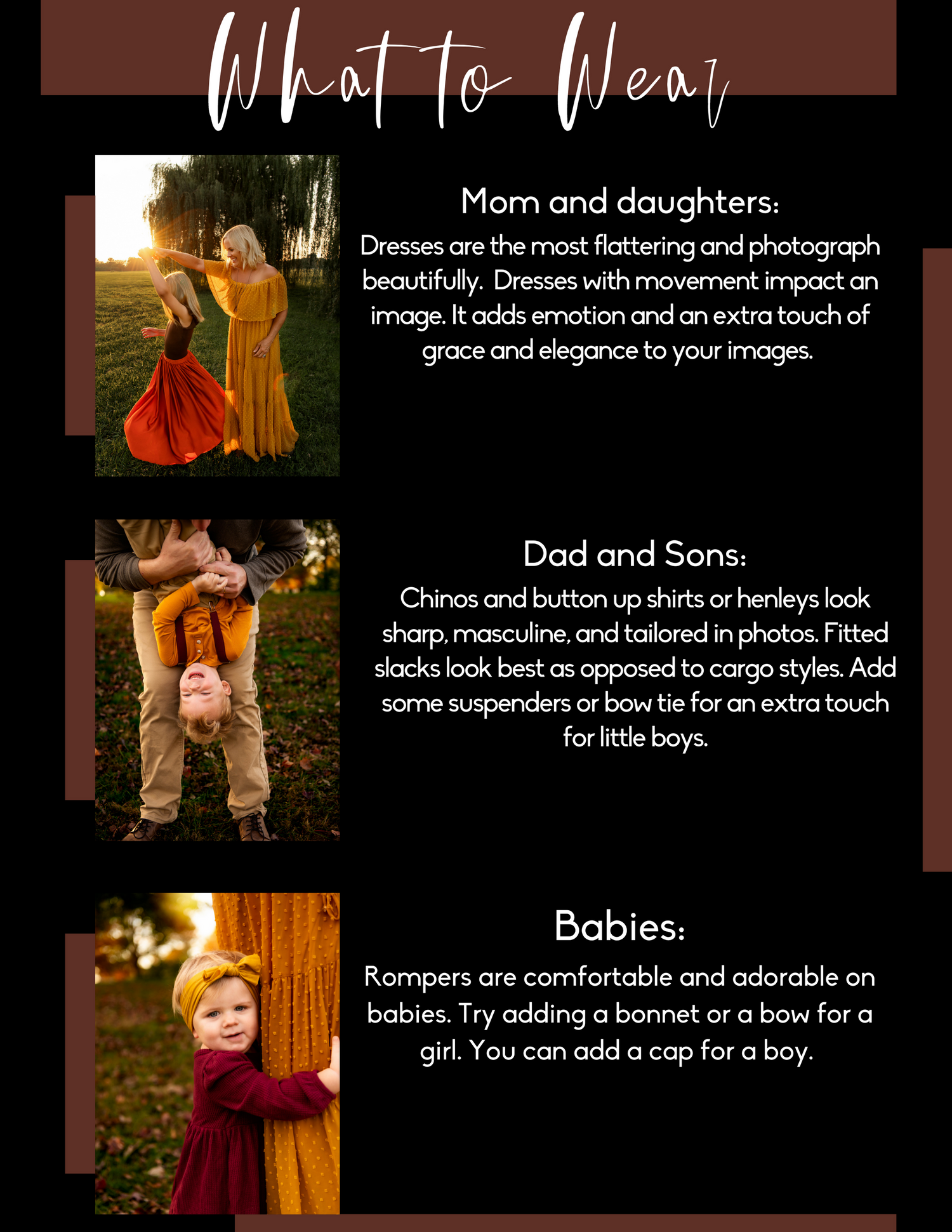 A what-to-wear guide for family photos showing outfit tips for moms, dads, and babies.