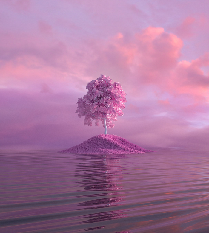 magical pink tree on a pink hill in the middle of a purply-pink lake with pink clouds photo by Mo Eid