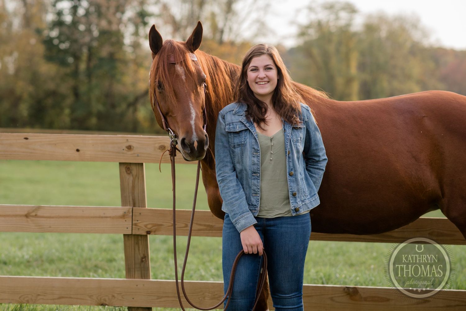 A chestnut horse and casually dressed person stand together by a wooden fence in a pastoral setting.
