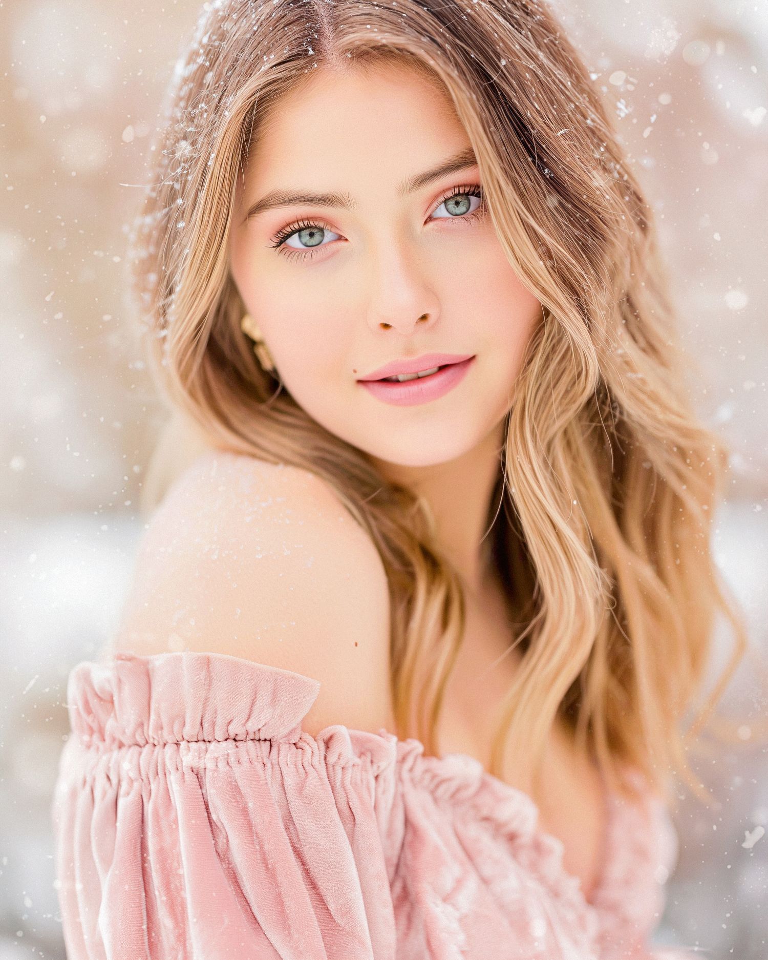 Winter senior portrait at Knoxville Botanical Garden and Arboretum, featuring a young woman in a pink off-shoulder dress