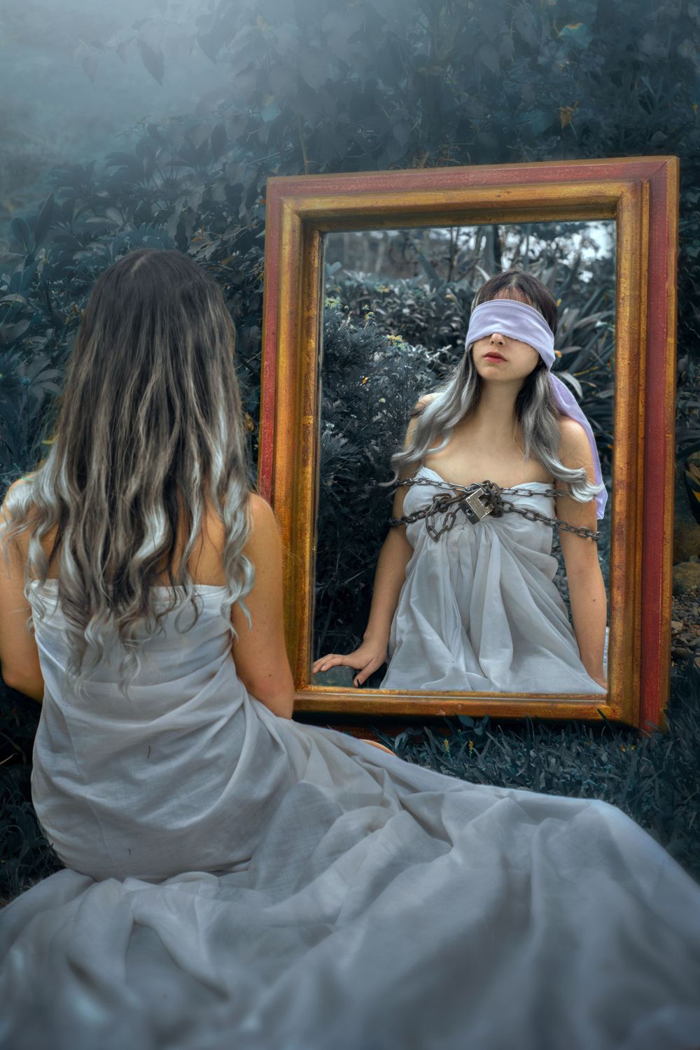 Artistic self-reflection portrait with blindfolded subject gazing into mirror in dreamy setting.