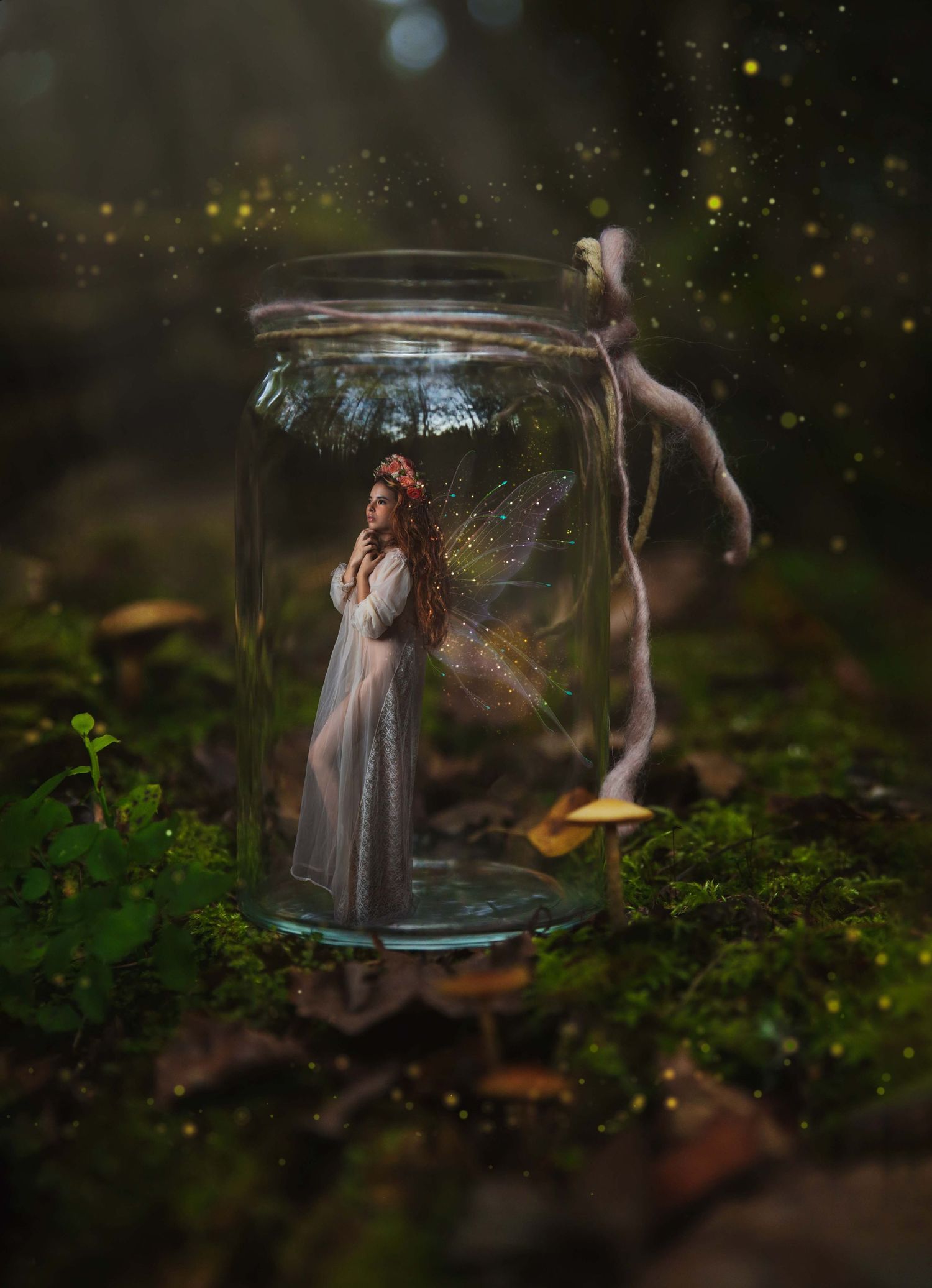 Magical glass jar in a forest setting with fairy lights and mystical atmosphere.
