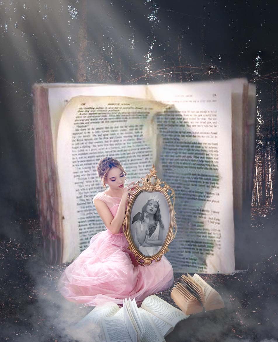 Ethereal fantasy scene with books and vintage mirror in misty forest setting.