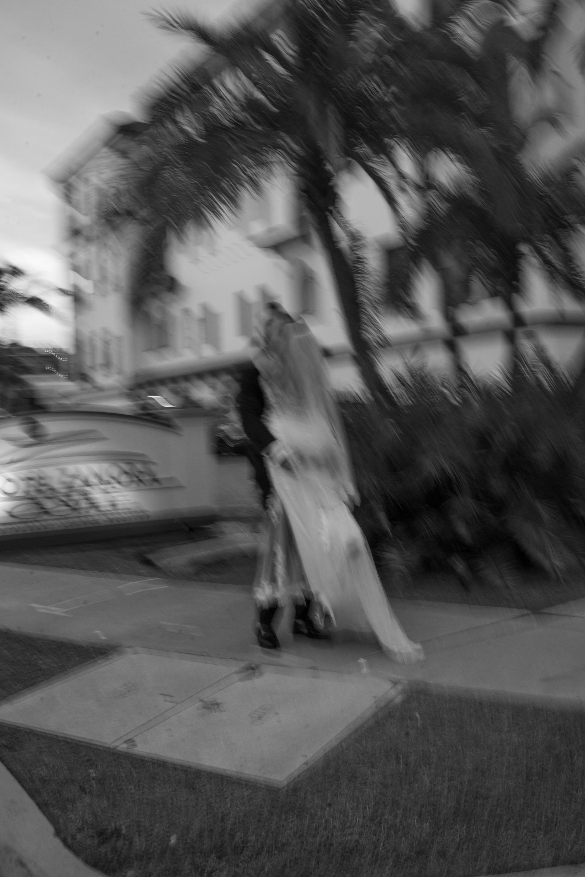 Blurry black and white street scene with palm trees and a figure standing on the sidewalk.