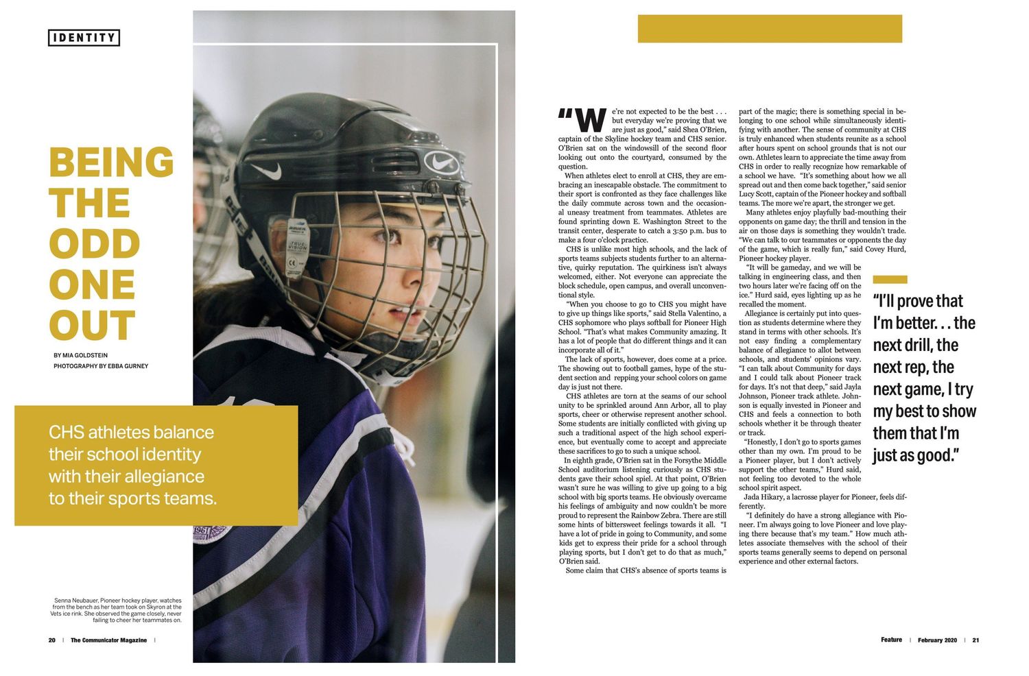 Magazine spread about hockey featuring player in protective gear and article text layout.