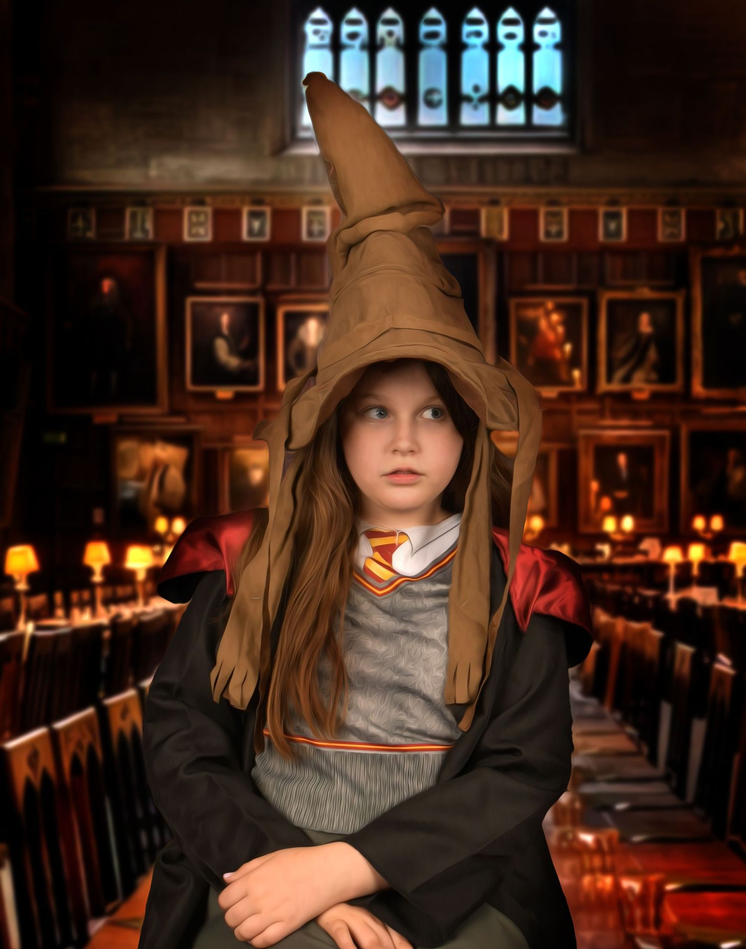 A dramatic portrait in the Hogwarts Great Hall with magical candles and historic portraits on the walls.