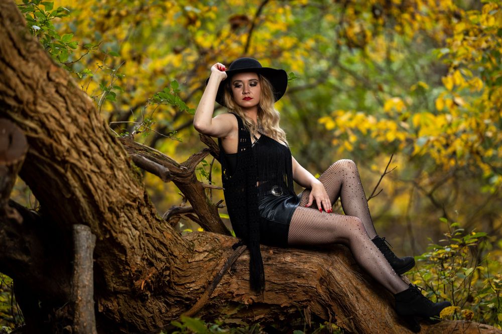 Stylish autumn fashion shoot on fallen tree trunk with golden foliage in background.