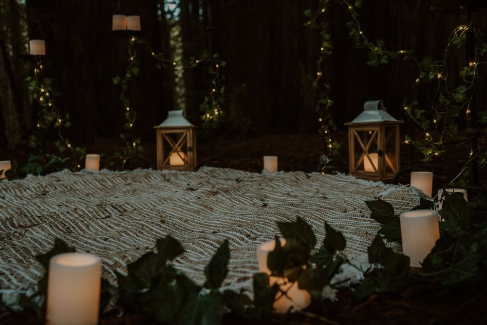 Lanterns and candles illuminate a forest path at dusk.