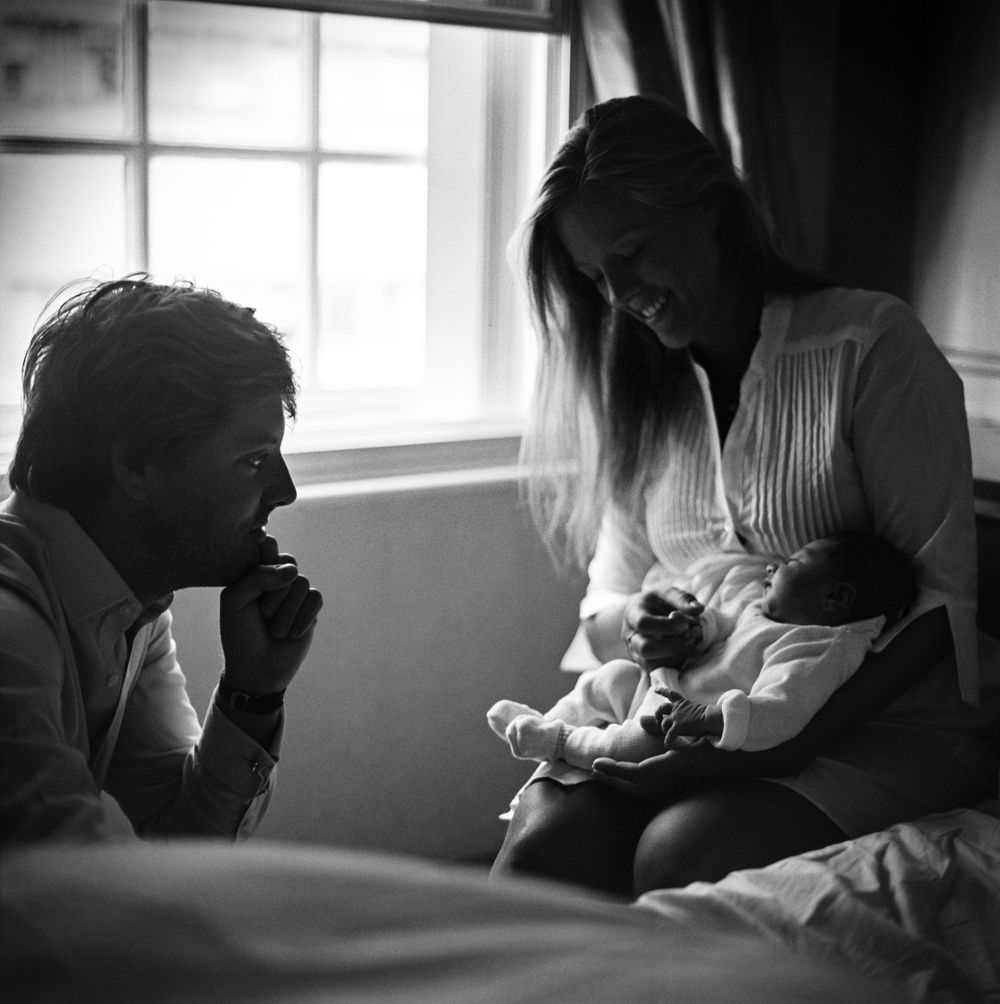 Hasselblad film portrait of parents with newborn in the Lindo Wing Maternity Hospital