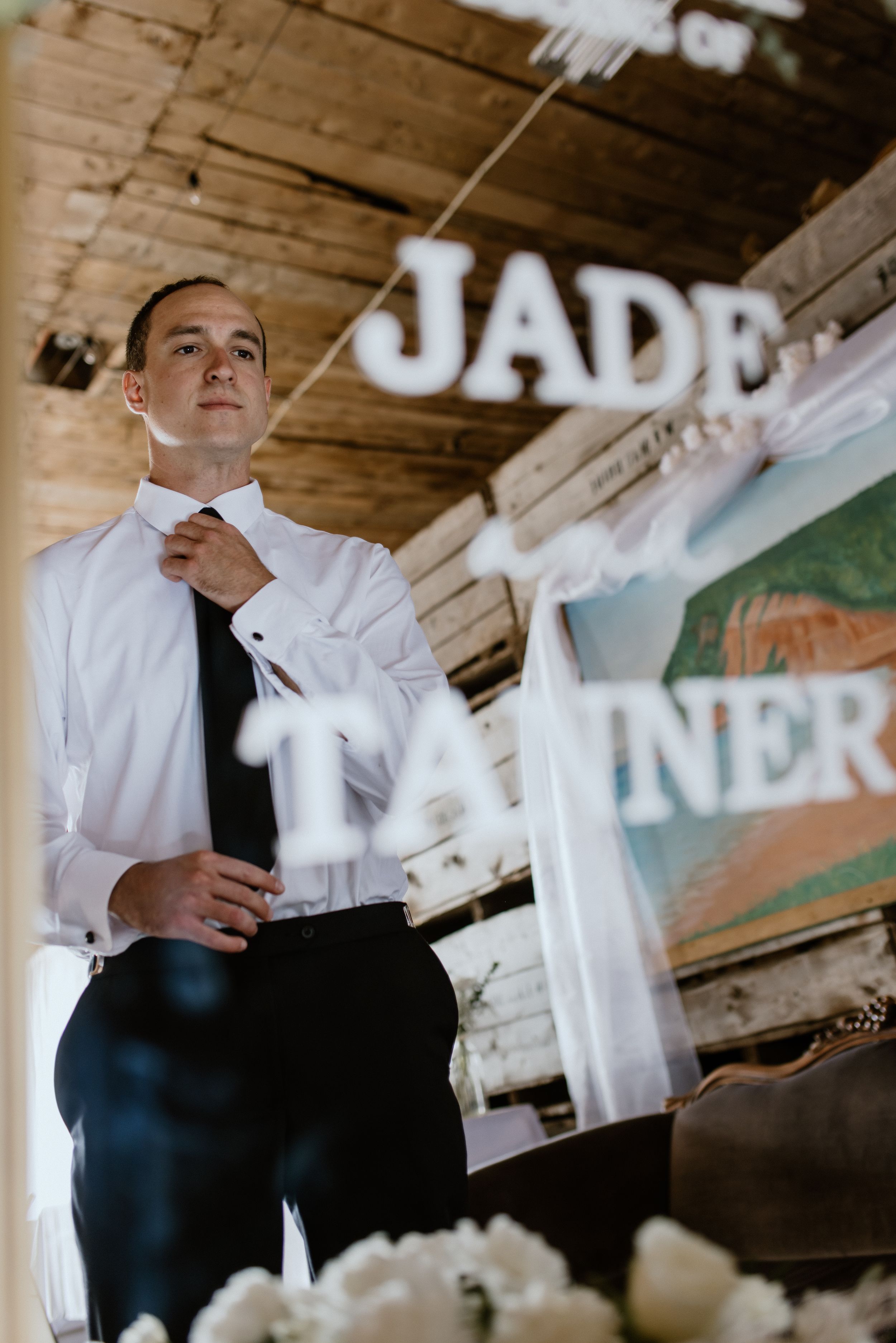 Groom and groomsmen getting ready September wedding in Blomidon, Annapolis Valley, Nova Scotia Canada