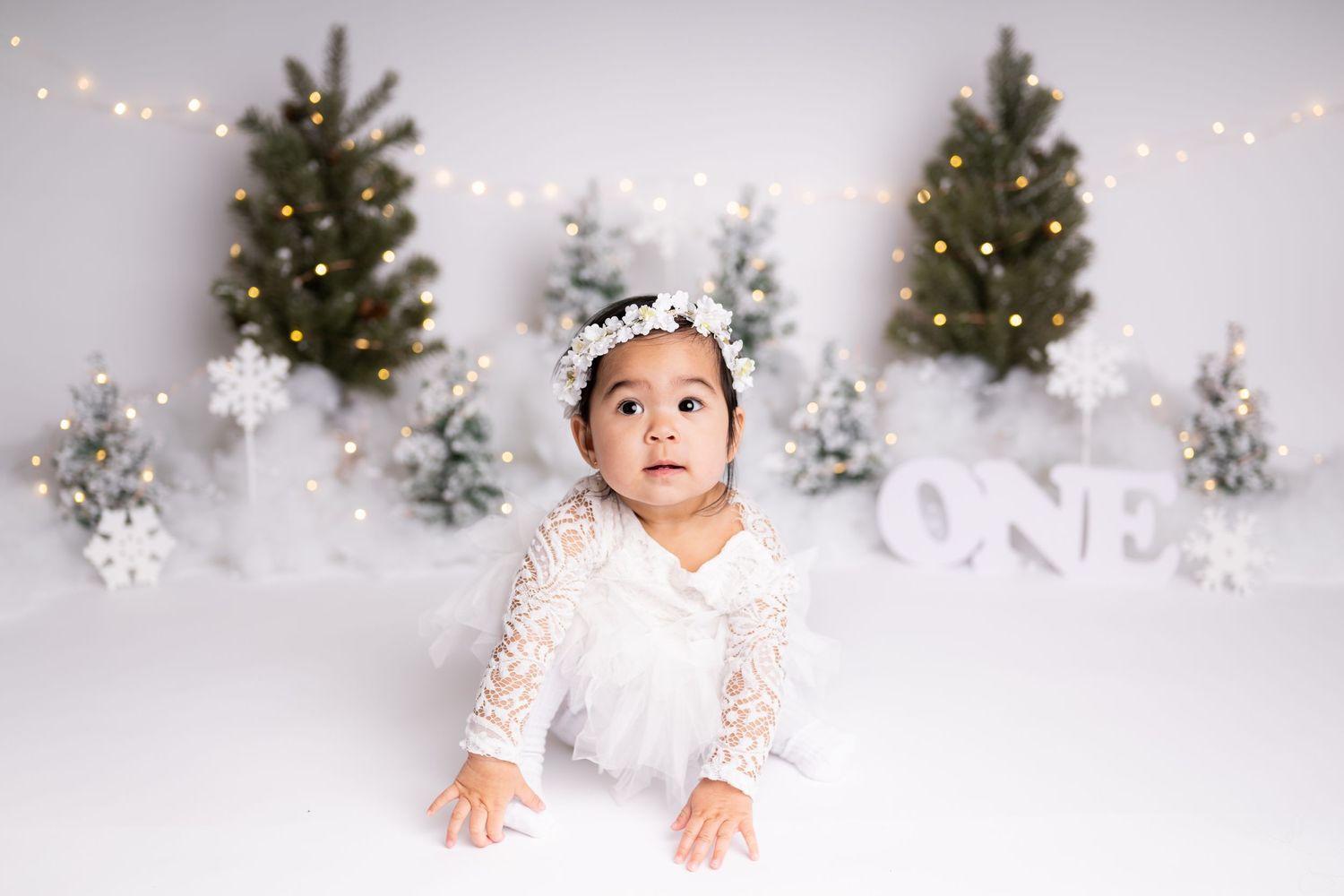 A dreamy winter wonderland setup with evergreen trees and sparkling lights creating a magical atmosphere.