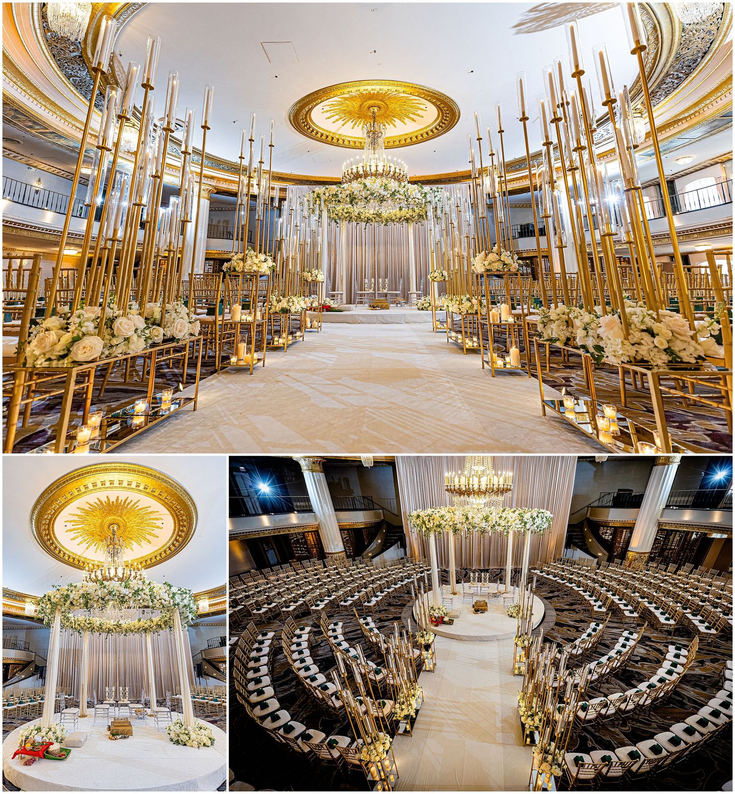 Luxurious wedding venue with gold chairs and circular chandelier arrangement in white and gold decor.