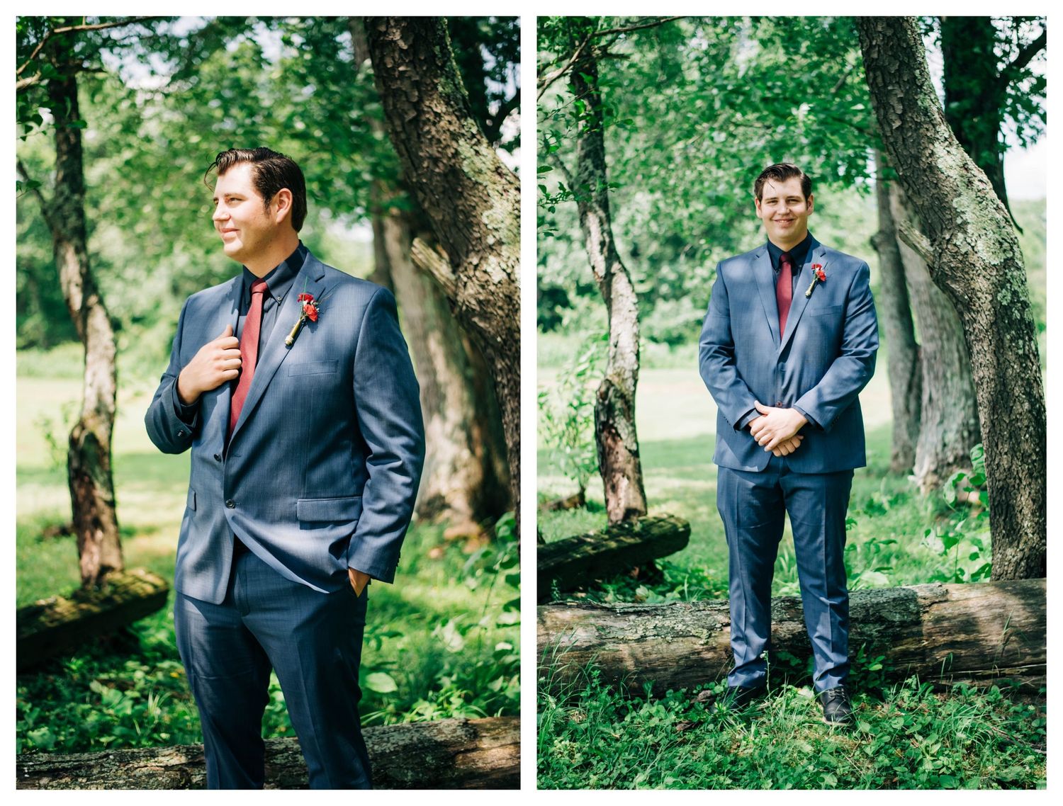 collage of portraits of the groom wearing a navy suit