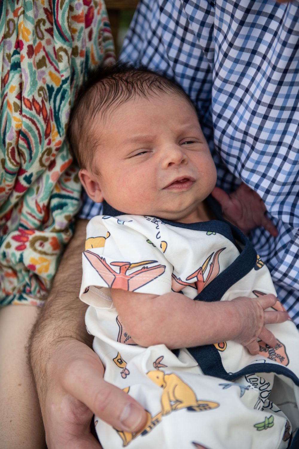 Sleeping newborn baby wearing white onesie with animal prints rests against plaid and floral patterns.