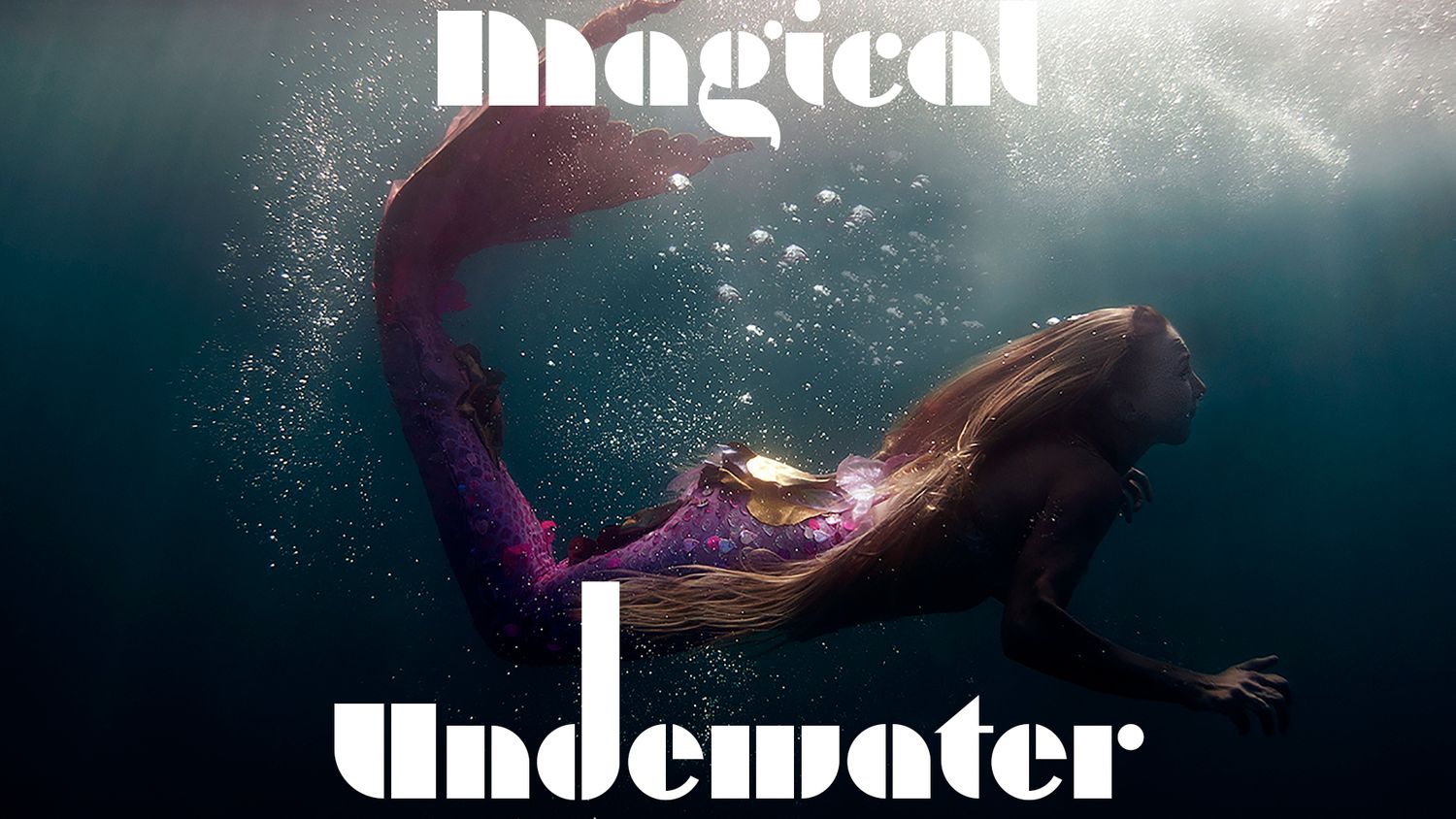 Ethereal underwater scene of floating figure in purple dress with magical typography overlay.