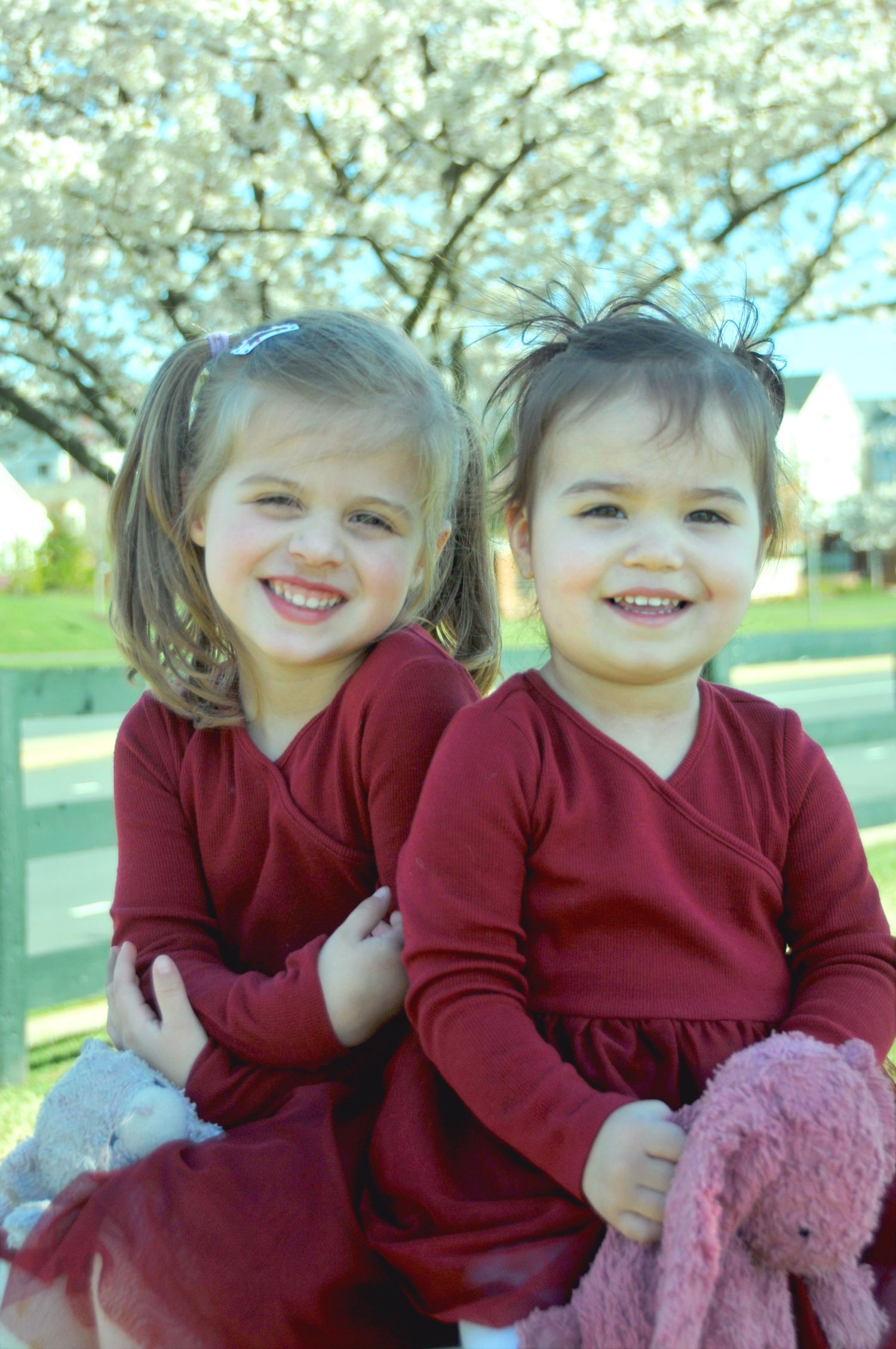 color photo of sisters in maroon with white blossoms