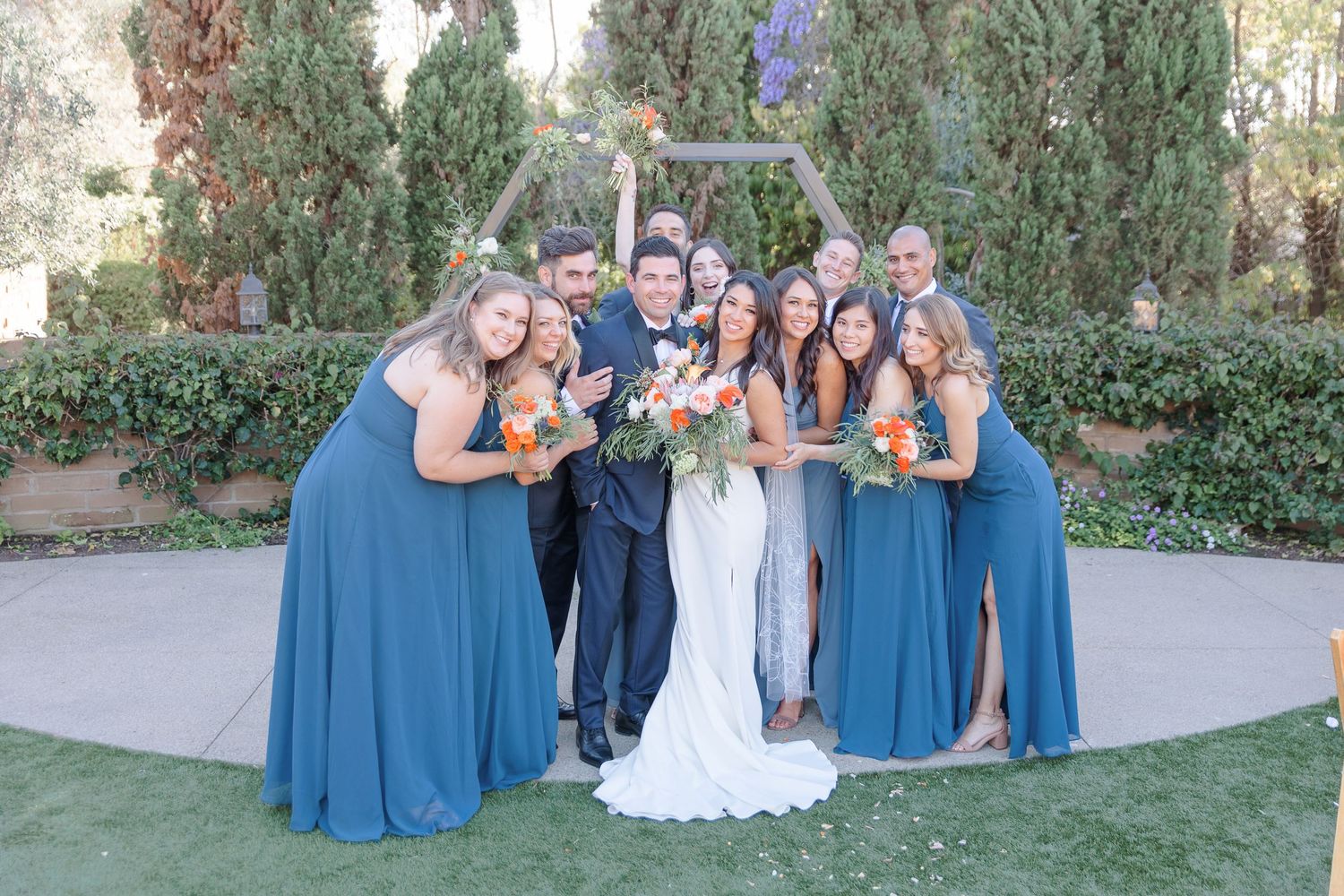 Full bridal party in blue