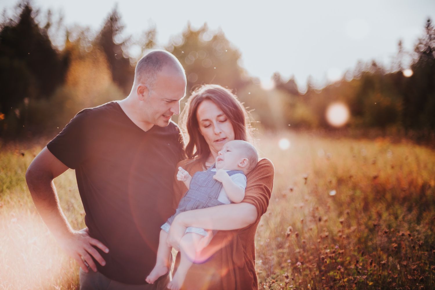Colour image of a Caucasian family standing in a field of long yellow grass.