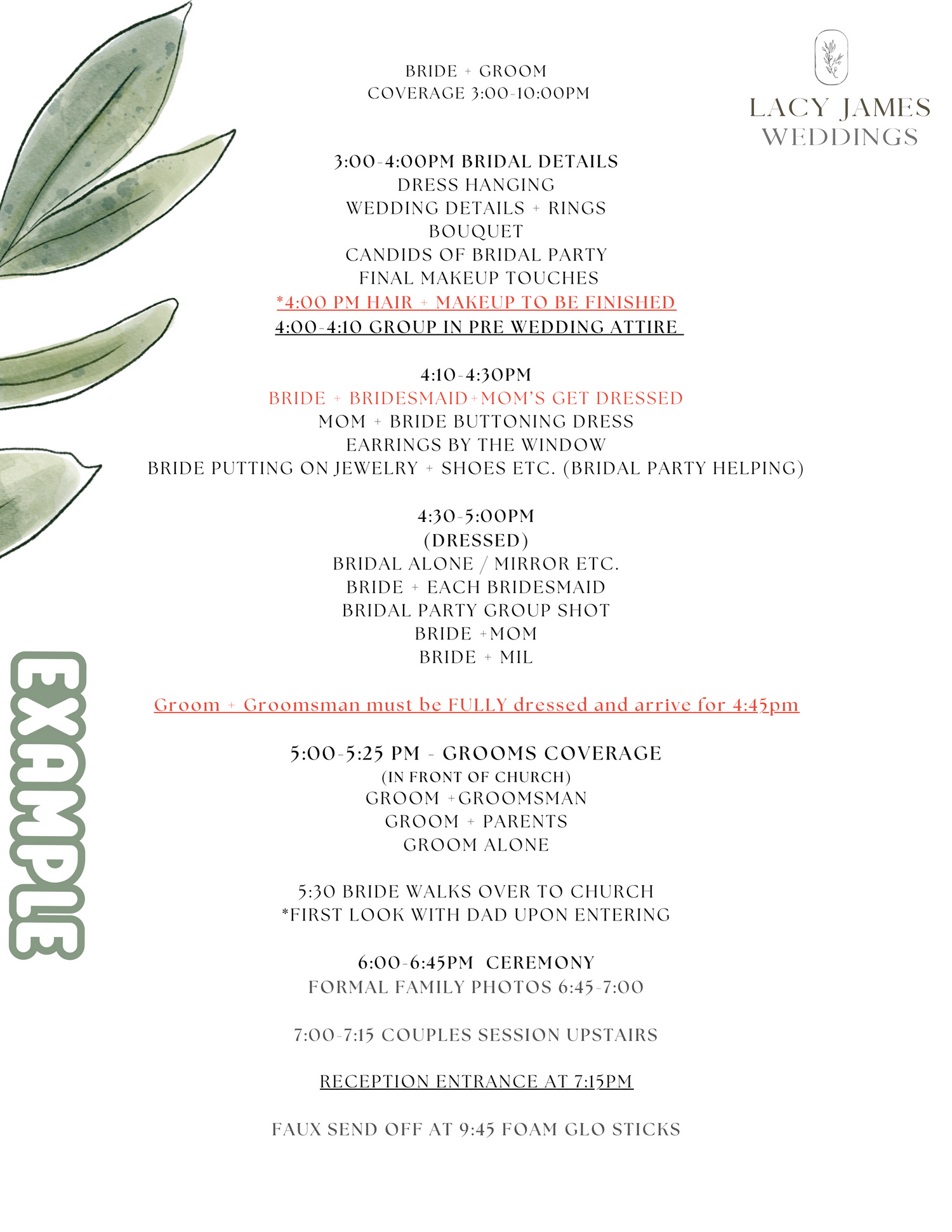 Detailed wedding schedule with green leaf design and timeline of events.