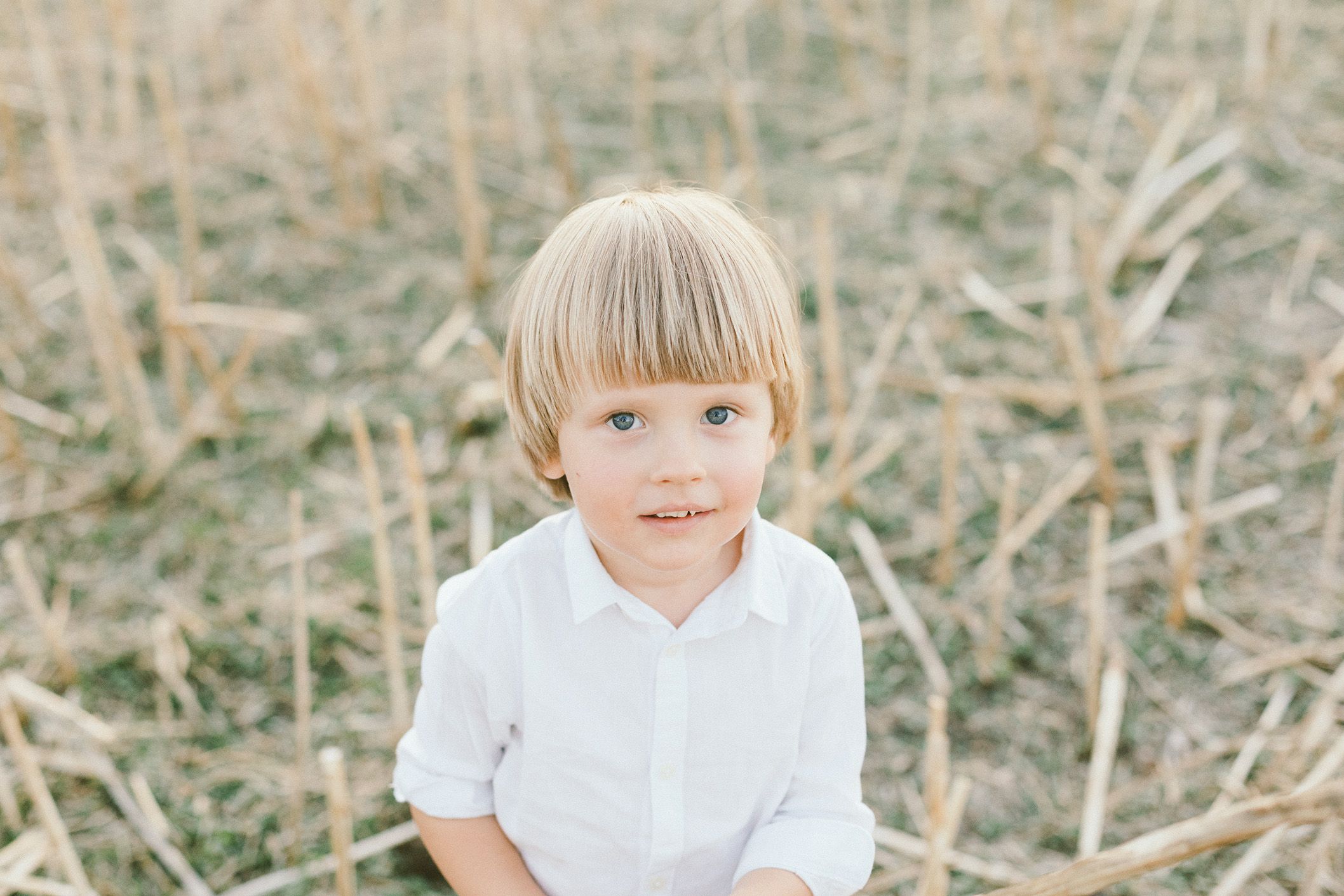 Young child in white shirt standing in a field of tall grass.