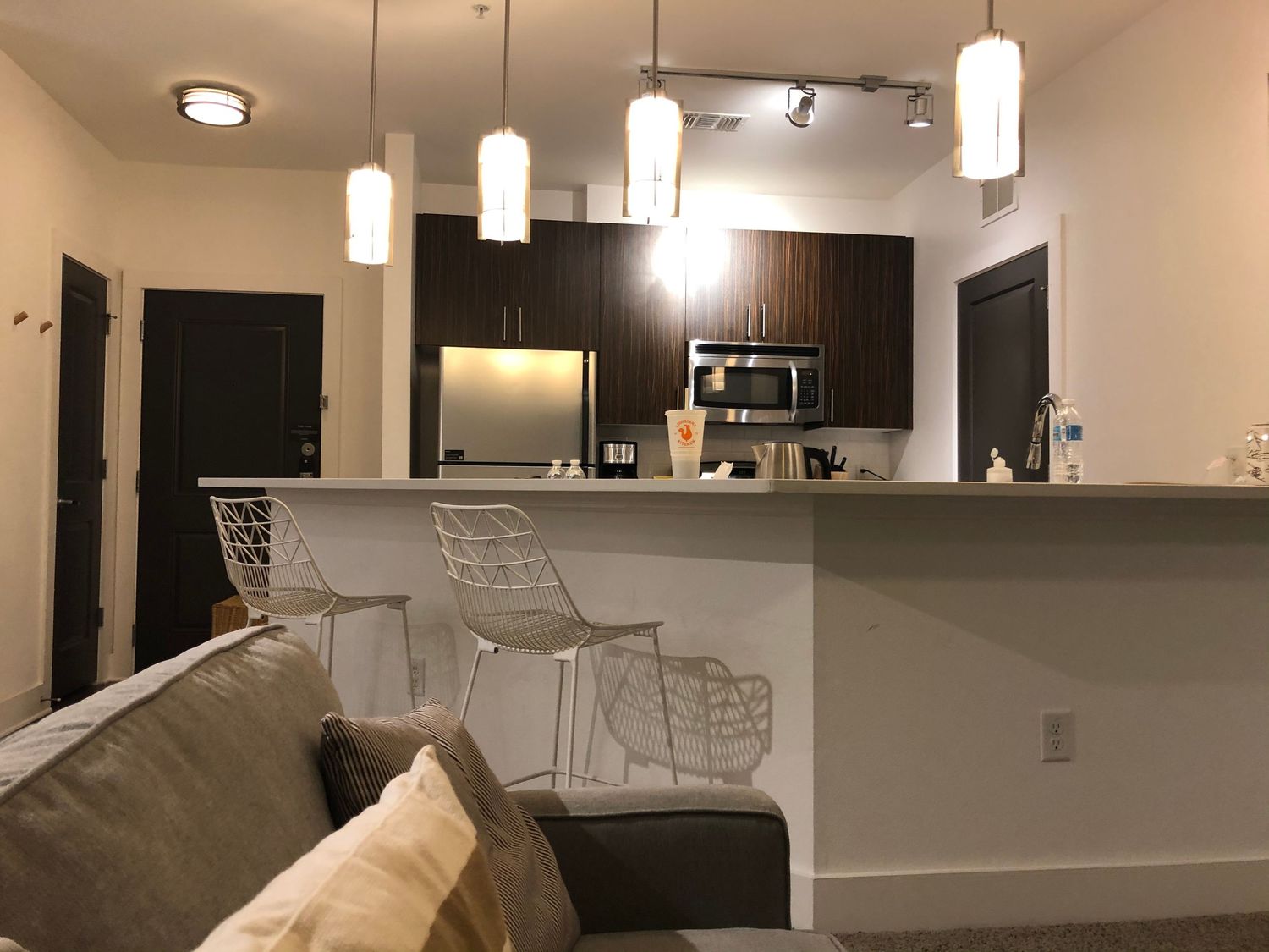 Modern apartment interior with pendant lights and dark wood cabinets in an open concept space.