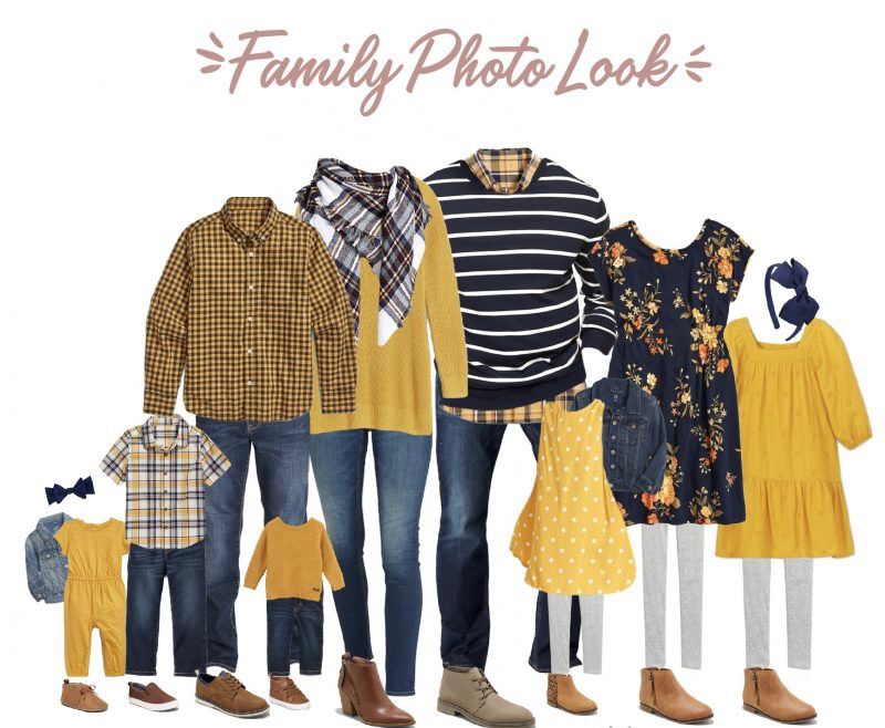 Family outfit coordination guide with yellow, navy and brown color scheme.