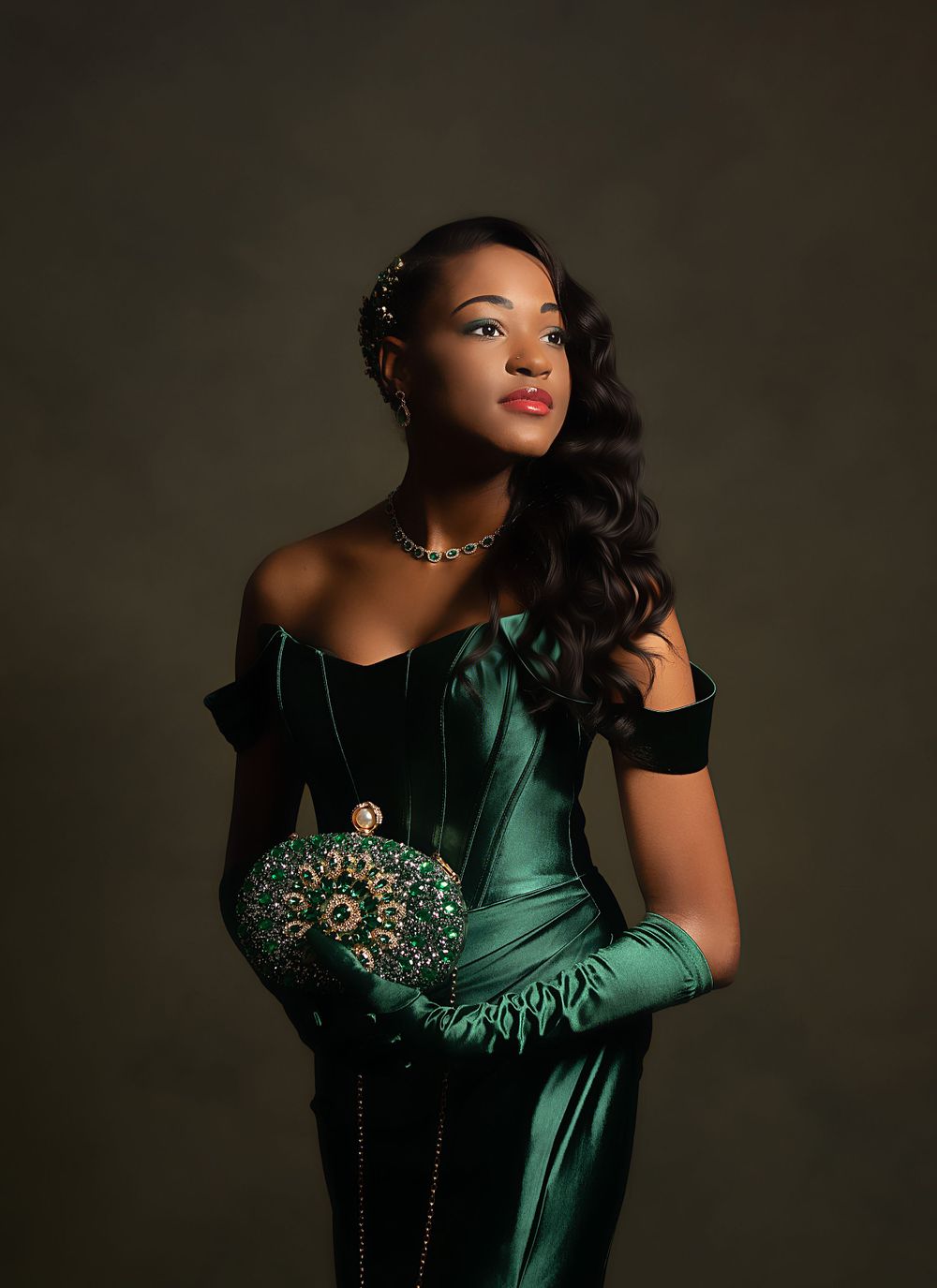 A glamorous portrait of a model in an elegant emerald green evening gown with vintage styling.