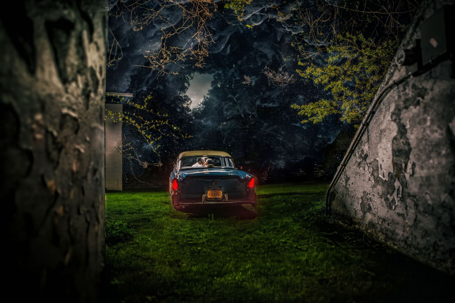 an old car with the words'to love, laugh and have fun ever after', in the style of dark and moody landscapes