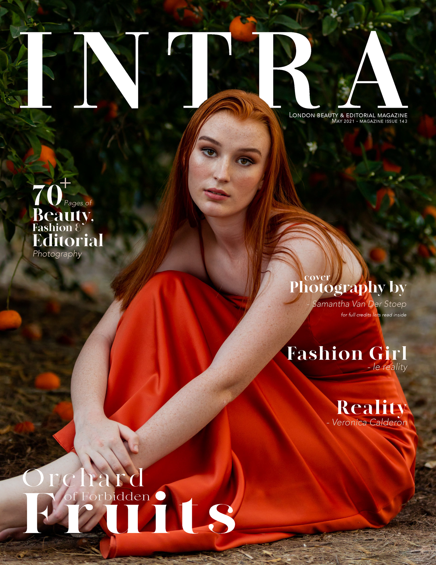 Magazine cover featuring orange grove fashion editorial titled INTRA.