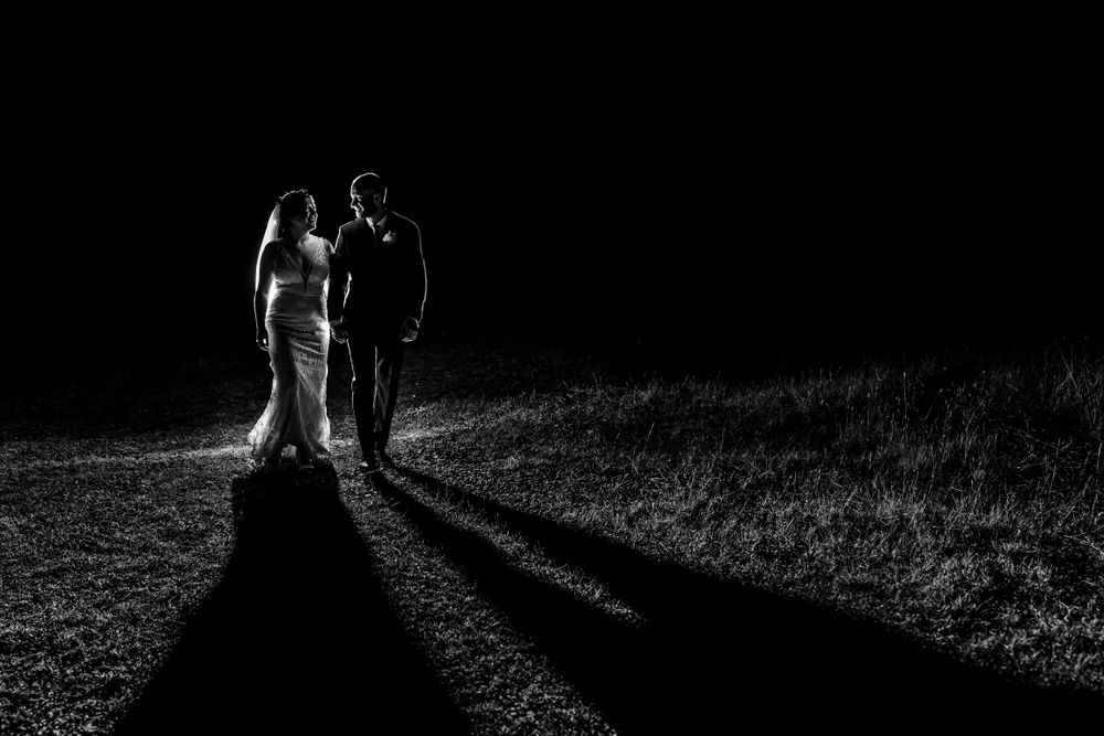 Dramatic silhouettes against a backlit evening landscape.
