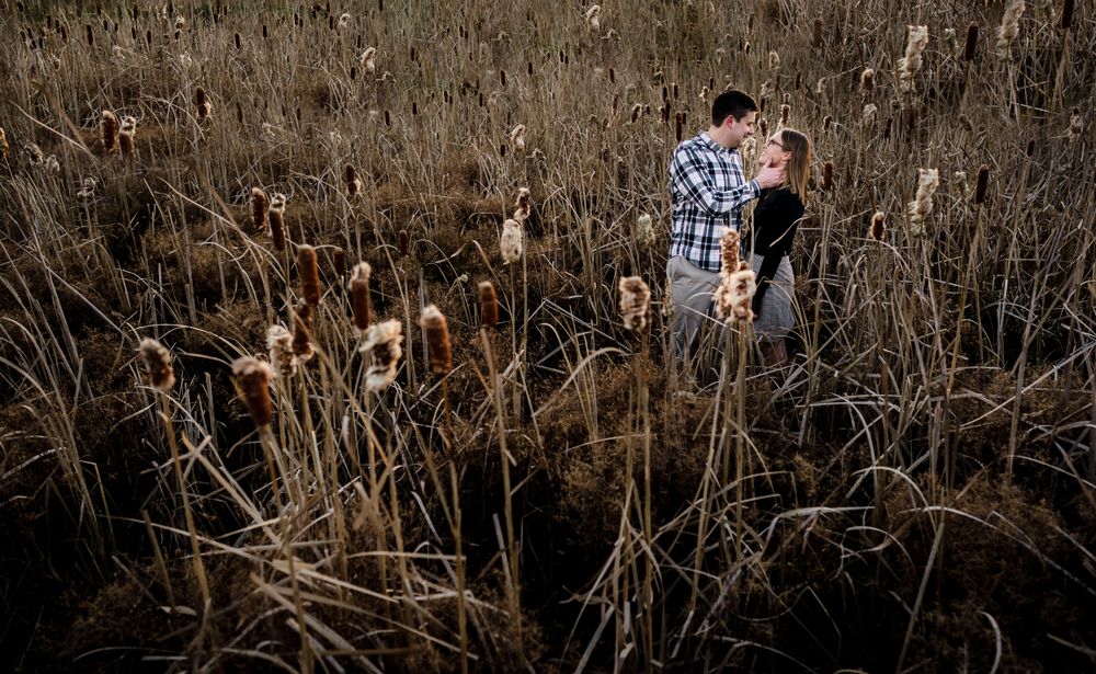 A couple shares intimate moments among tall dried grass in a natural setting.