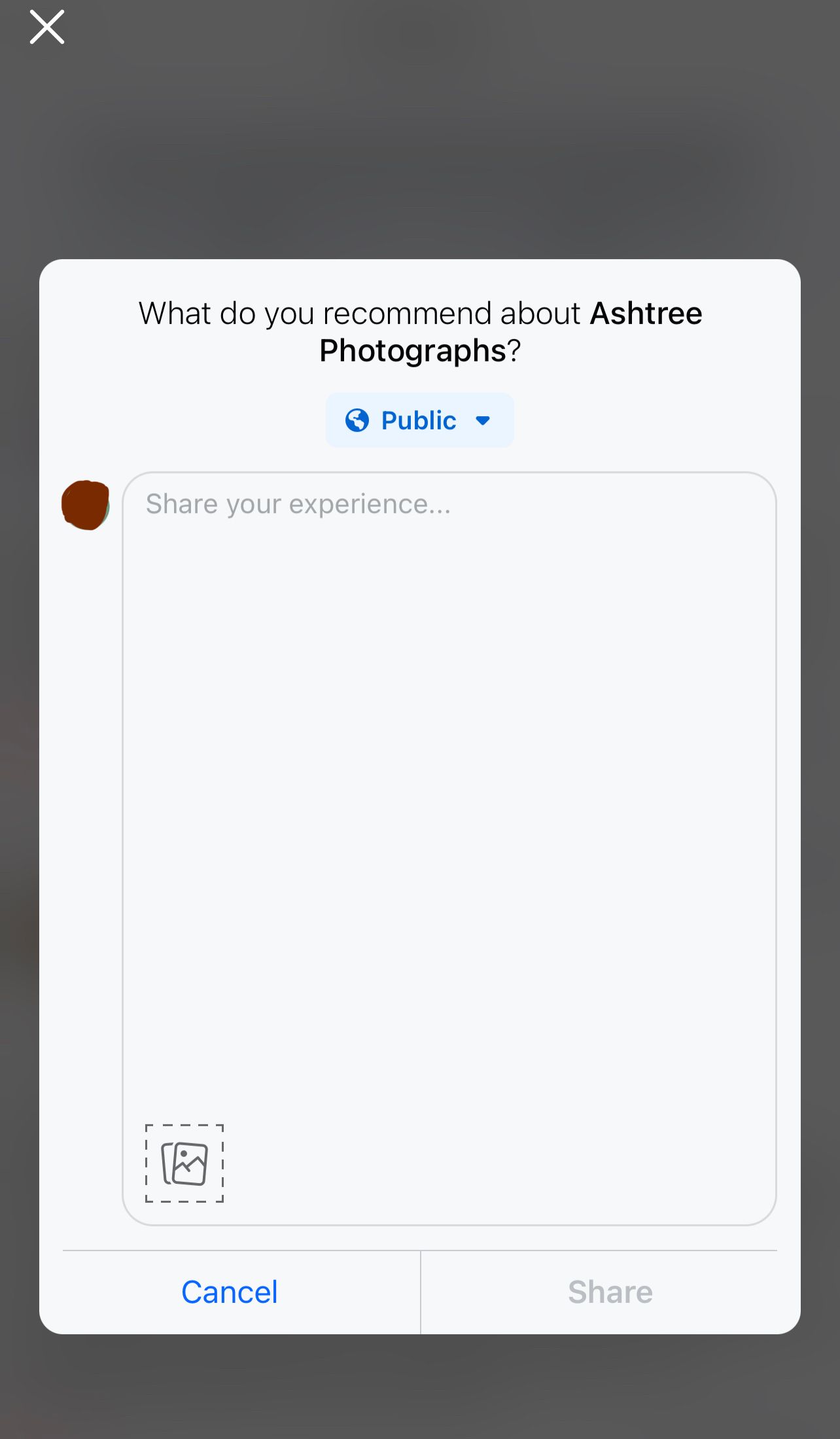 Facebook review form asking users to recommend Ashtree Photographs with a public share option.