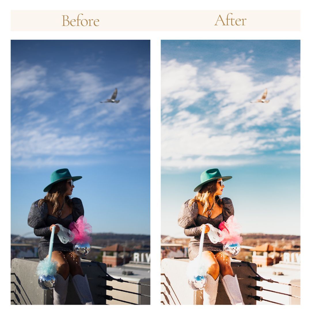 Before and after outdoor photos showing enhanced sky colors and warmer tones of a person with disco balls.