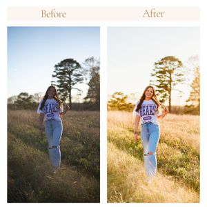 Before and after photo edits showing a field at sunset with warm golden color grading applied.