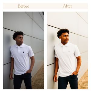 Before and after portrait comparison showing warmer tones and enhanced lighting against a white wall.