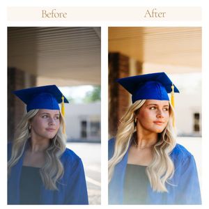 Before and after graduation photos showing enhanced lighting and color on a graduate in blue cap and gown.
