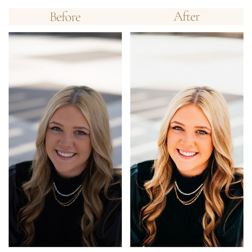 Before and after photo editing comparison showing enhanced lighting and warmer color tones in portrait photography.