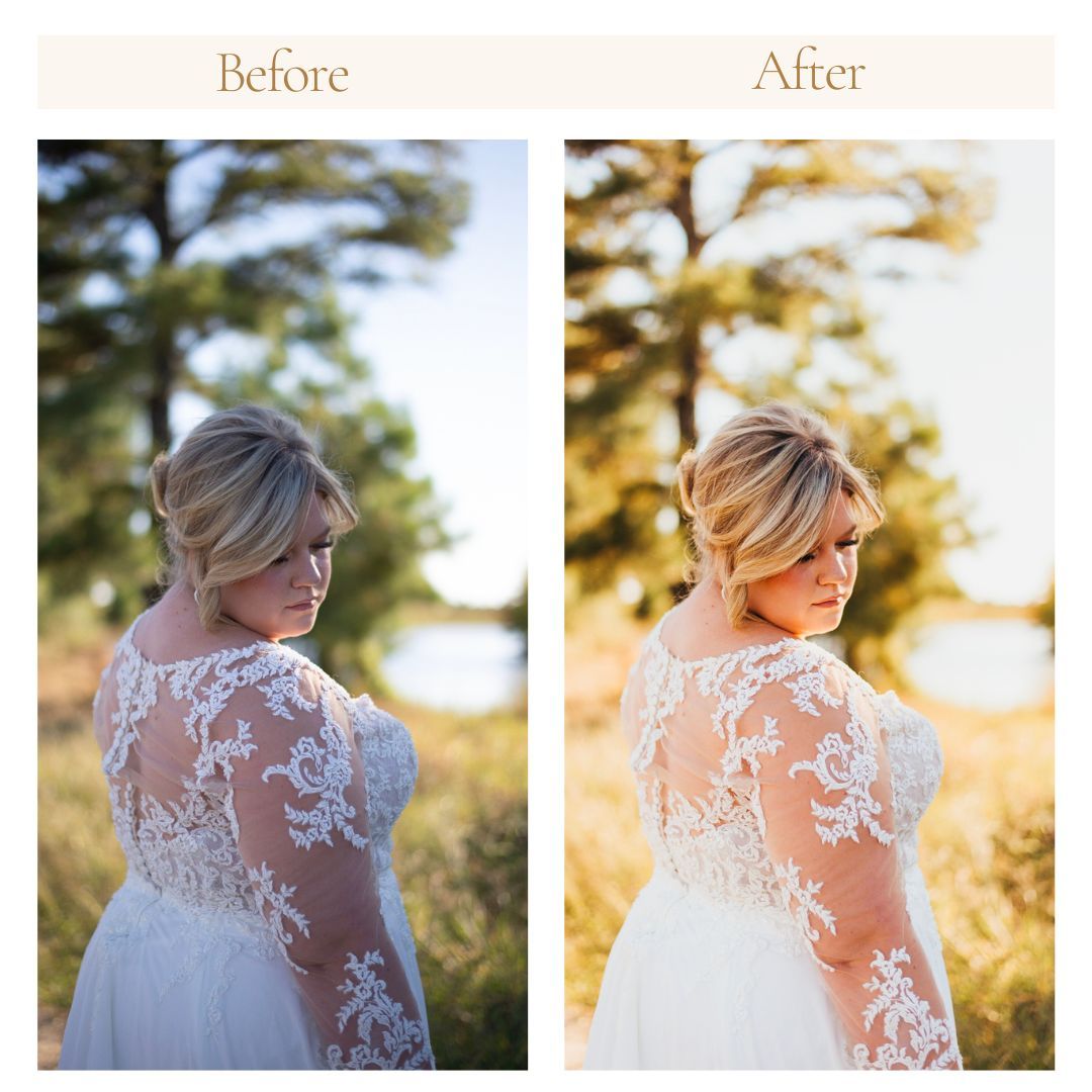 Side-by-side comparison of a bride in lace dress showing enhanced golden sunset lighting.