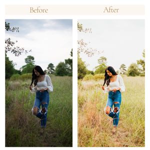 Before and after photo edit comparison showing warm golden tones applied to an outdoor field portrait.