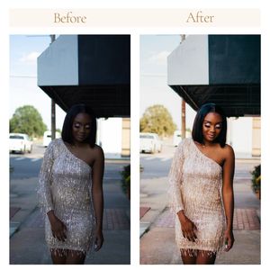 Before and after photo of a one-shoulder sequin dress portrait with enhanced lighting and warm tones.